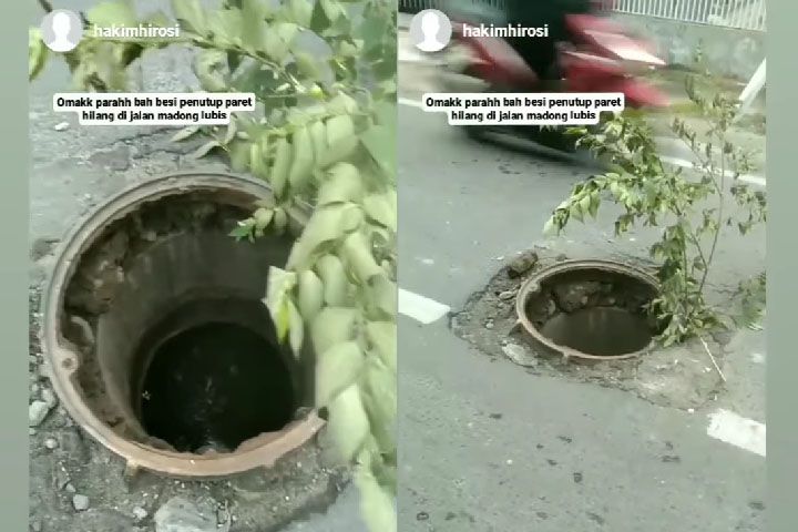 Gawat! Besi Penutup Saluran Air Dicuri, Lubang Menganga di Jalan Madong Lubis Membahayakan Pengendara