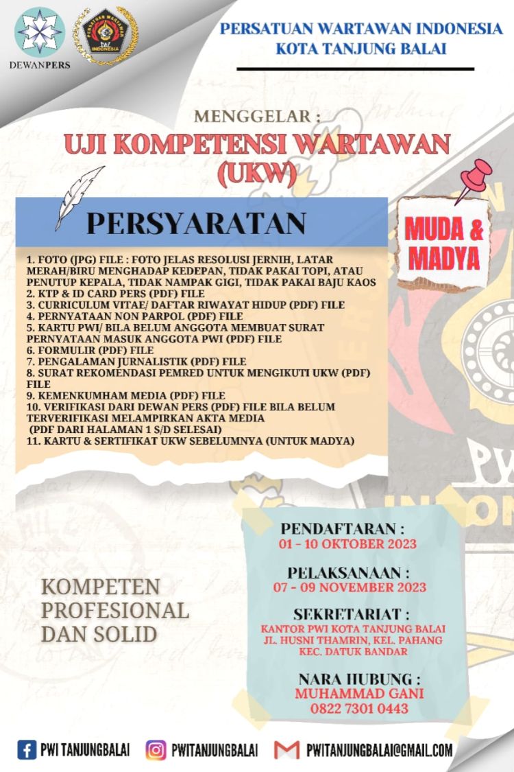 PWI Tanjung Balai Akan Gelar UKW Formasi Muda dan Madya